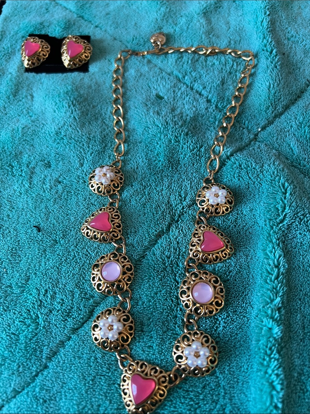 Trifari Gold-Tone Necklace & Earrings Set with Pink Hearts and White Accent